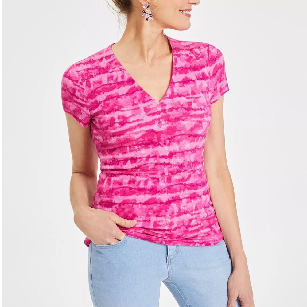 NEW I.N.C. Int’l Pink Tie-dye V Neck Top L Soft Short Sleeves Longer Length inc